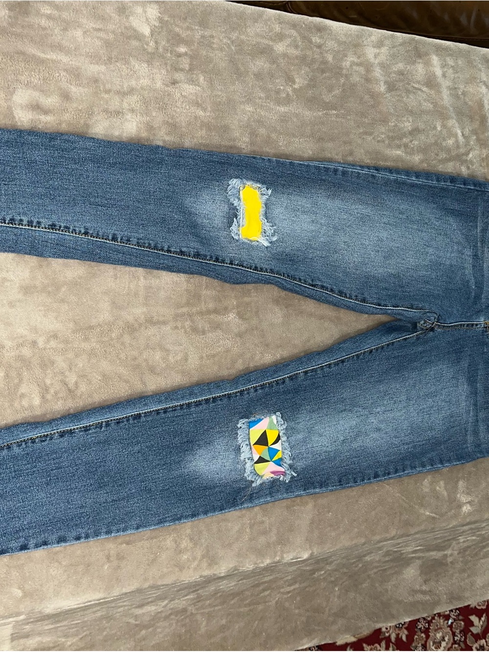 Artsy recycled Skinny Jeans with Colorful Patch Detail size 28”x26”